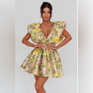 Selfie Leslie Bennet Puffed Neckline Mini Dress Floral Pink Yellow XL 10